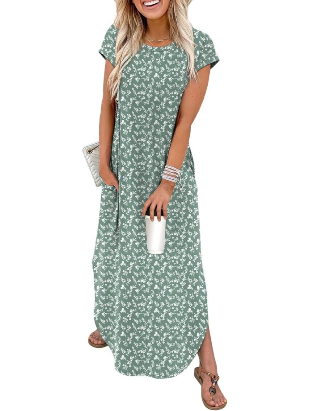 Women's White Green Summer Dresses Cap Sleeve Crewneck Maxi Long Casual Dress